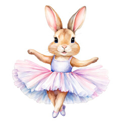 Obraz premium A bunny rabbit wearing tutu and ballet slippers, dancing, watercolor illustration, cute humanoid rabbit, for scrapbook, junk journals, blogging sited, projects, ad promos, hobby, pet, dancer lover