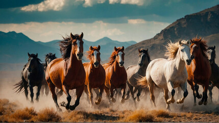 Thundering Horses Majestic Gallop Through Mountain Steppes