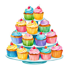 A tiered cupcake stand filled with colorful cupcakes, topped with frosting and sprinkles, watercolor illustration, dessert, sweet treat, food clipart for menu cards, scrapbook, blog sites, cutout png