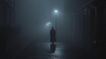 Mysterious Nighttime Stroll A Man in a Hat and Coat, Enjoying the Foggy Evening Generative AI - obrazy, fototapety, plakaty