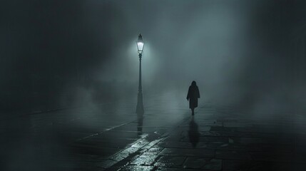 Foggy Night Walk A Woman's Silhouette on a Rainy Street Generative AI