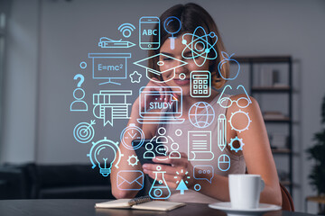 Smiling businesswoman in casual wear holding using smartphone typing at office workplace with notebook. Concept of distant work, business education. Math icons hologram