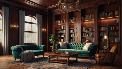 Victorian-style library with rich wood paneling. 3D rendering.