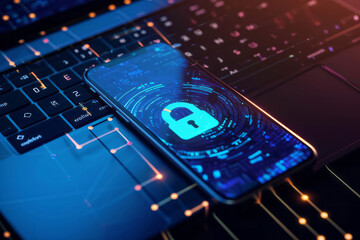 A smartphone with a padlock on it sits on a laptop keyboard, showcasing cybersecurity and protection of digital data