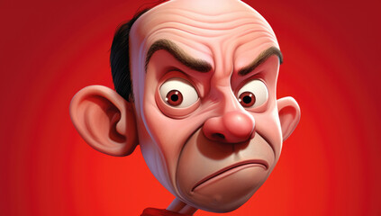 Caricature of a man with a grumpy expression and large ears against a solid red background.