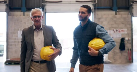 Industrial, handshake and business men at warehouse with management success and agreement. Civil engineering, company development and shaking hands with partner and planning for professional project