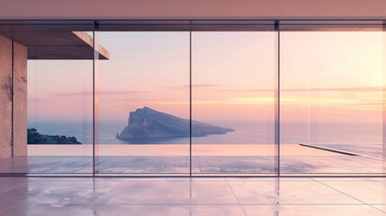 A large glass window overlooking a beautiful ocean and a mountain. The sky is a soft pink color, creating a serene and peaceful atmosphere