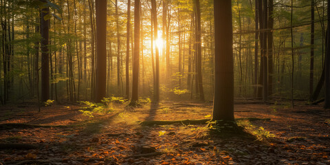 Autumn sunrise filtering through dense forest trees