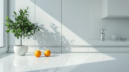 Modern minimalistic kitchen interior details. Stylish white quartz countertop with potted plant and oranges. Generative Ai - obrazy, fototapety, plakaty
