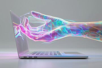 Information Technology, 3D Holographic of a Hand Holding an Envelope Coming Out of a Laptop.