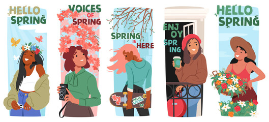 Vibrant Vector Banners Celebrating Spring With Joyful Young Girls Characters Amidst Blooming Flowers And Butterflies - obrazy, fototapety, plakaty