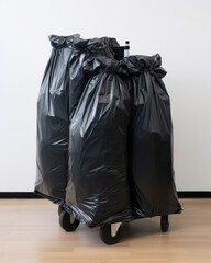 A janitorial cart with three large black trash bags is parked against a white wall on a wooden floor, indicating cleaning in progress.
