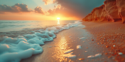 Serene sunset at sandy beach with foamy waves - obrazy, fototapety, plakaty