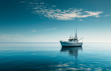 Obraz premium Serene blue seascape with solitary fishing boat under cloud-flecked sky