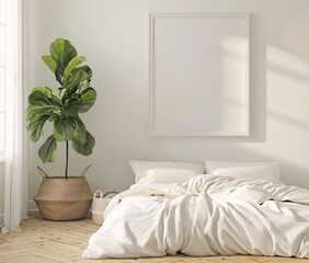 A Clean and Modern Bedroom with a White Comforter and a Plant Generative AI