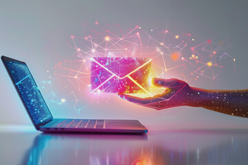 Information Technology, 3D Holographic of a Hand Holding an Envelope Coming Out of a Laptop.