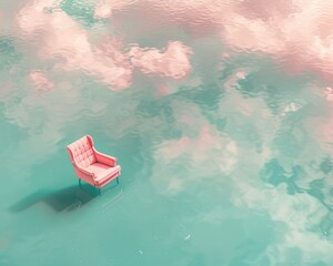 Picture this: A drone's view captures a pink chair in water, minimalism meets anime charm Clouds embrace hues of pink and turquoise, hyper realistic