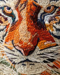 Craft a close-up marvel: A tiger face in intricate stumpwork embroidery, with raised texture Soft lighting accentuates vibrant colors against white