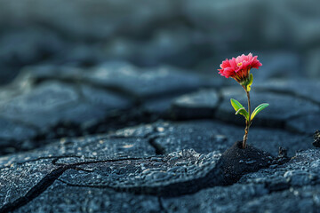 Craft an image of a miniature flower plant blooming amidst the cracked surface of a dormant...