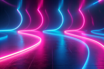 A tunnel of neon lights illuminating a dark room, creating a vibrant and futuristic atmosphere