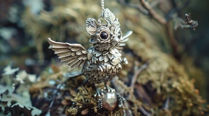 Obraz premium A silver necklace transformed into a whimsical creature its intricate details forming eyes wings and a playful expression The creature sits perched on a delicate finger amidst a magical forest