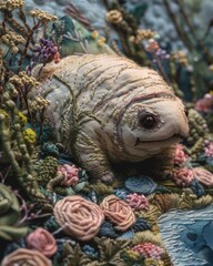 Embroidery, In a cute close-up, giant tardigrades illuminate flooded cities with UV protection Embroidery magic under Easter skies ,surrounded by clouds, no grunge, splash, dust