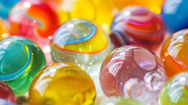 A variety of colorful marbles are stacked on a table, creating a visually pleasing pattern. The smooth texture of the glass marbles resemble candies, adding sweetness to the closeup scene