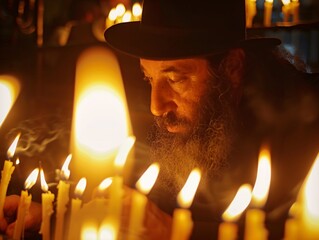 a man with a beard and hat looking at candles - obrazy, fototapety, plakaty