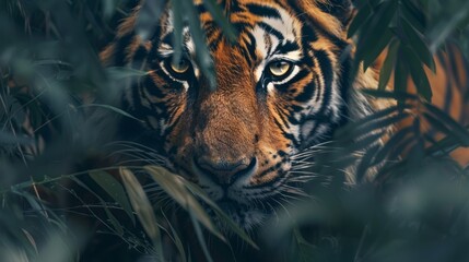 Intense close up of the piercing eyes of a wild tiger lurking in the dense jungle underbrush highlighting the majestic and fearsome beauty of the animal - obrazy, fototapety, plakaty