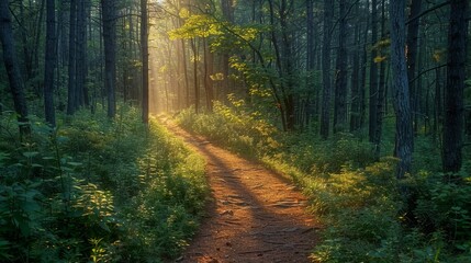 Hiking Trail in a Dense Forest: Reflecting the popularity of outdoor and adventure themes.  - obrazy, fototapety, plakaty