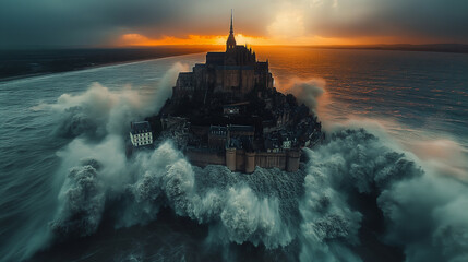 Mont-Saint-Michel and its surrounding bay in stormy wheather.