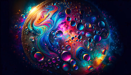Colorful oil and water blend with vibrant galaxy-like patterns and iridescent bubbles against a dark background. - obrazy, fototapety, plakaty