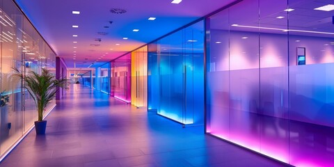 This modern office space radiates vibrancy with neon lighting casting colors on sleek glass partitions. - obrazy, fototapety, plakaty