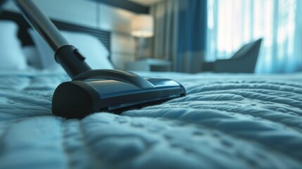 A vacuum moves over a bed in a close-up shot, capturing the intersection of domestic cleaning and hotel tidiness practices - obrazy, fototapety, plakaty