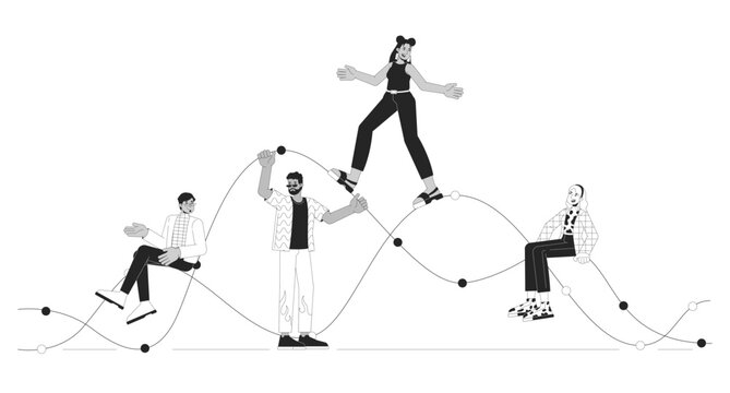Trends graph people black and white 2D illustration concept. Line chart waves, diverse adults outline cartoon scene background. Expenses income. Comparison performance metaphor monochrome vector art