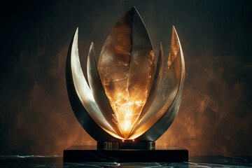 Create a trophy design that blends metallic elements with ethereal light, creating a sense of luminosity and refinement against the velvety darkness of a black backdrop - obrazy, fototapety, plakaty