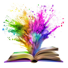 A conceptual digital artwork of an abstract book exploding into a spectrum of colors, symbolizing the power and diversity of knowledge, isolated on transparent. background