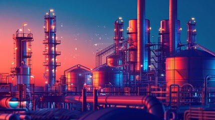 oil and gas power plant refinery with storage tanks facility for oil production or petrochemical factory infrastructure. Generative Ai - obrazy, fototapety, plakaty