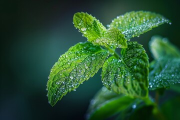 A Fresh Awakening: A Sprig of Mint Glistening with Morning Dew as the First Light of Spring Caresses Its Leaves