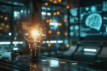 Fototapeta premium Pan idea bulb amidst a modern, futuristic setting, metallic surfaces, and digital screens.