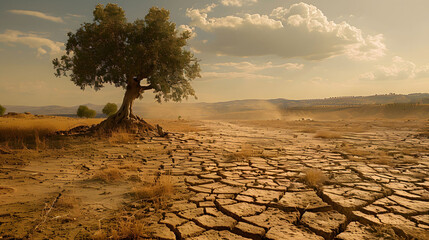 Fototapeta na wymiar Lone Tree Standing Resilient in Expansive Drought-Stricken Landscape