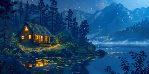 A cabin in the woods with a river and a starry sky blue background - obrazy, fototapety, plakaty