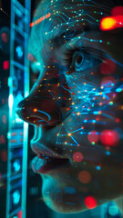 Within a chamber of pulsating lights, a technician fine-tunes the facial recognition software of an AI companion, its gaze unwavering and artificial - obrazy, fototapety, plakaty