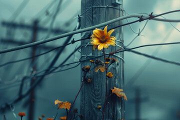 Create an abstract flower blooming amidst the tangled wires of a forgotten powerline transformer - obrazy, fototapety, plakaty