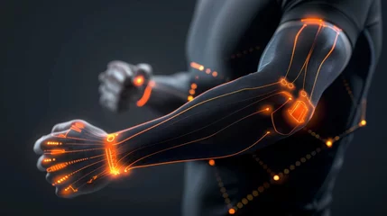 Foto auf Acrylglas Close-Up View of a Human Arm With Futuristic Biometric Data Overlay © Prostock-studio