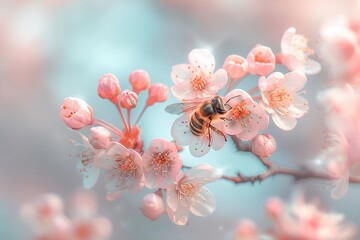 a bee on a flower with blurred background, cherry blossoms. ai generated - obrazy, fototapety, plakaty