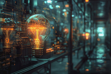 Pan idea bulb amidst a modern, futuristic setting, metallic surfaces, and digital screens.