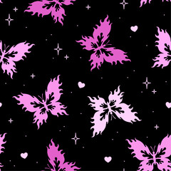 Seamless pattern with pink butterfly on dark background. Neo tribal tattoo. Hand drawn vector illustration.