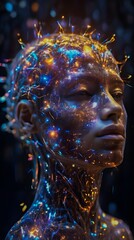 Futuristic digital portrait of a woman with glowing neural network, technology concept