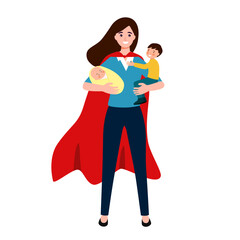Happy mother's Day. Mother with her baby and son. Mom as super hero.